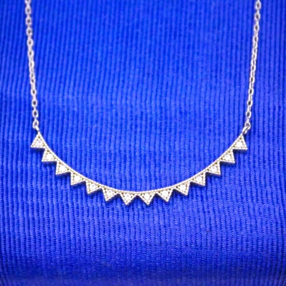 925 Sterling Silver Pave CZ Signed N Curved Bar Attached Pendant Necklace